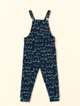 Navy Swoveralls with an all-over white hand-drawn boob print, shown flat on a cream background