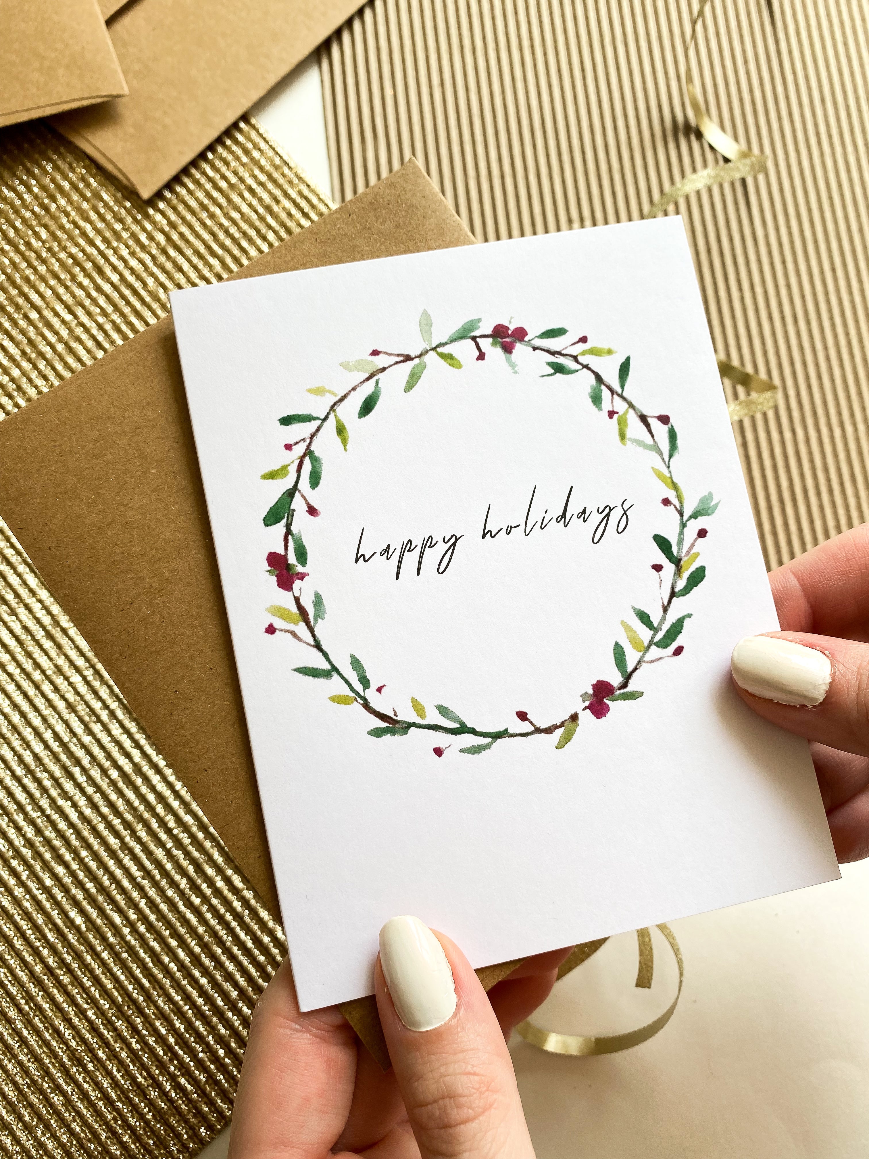 Happy Holidays Wreath Card Box Set, Simple Watercolor Wreath Card